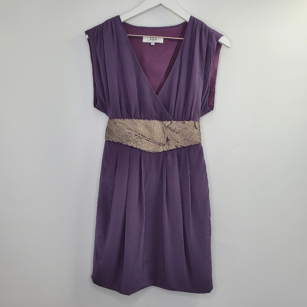 Tibi Silk Purple Dress Beaded Leaves Cutout Back
